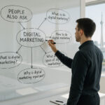 A marketing strategist maps out a People Also Ask SEO content plan on a whiteboard to build topical authority.