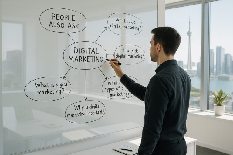 A marketing strategist maps out a People Also Ask SEO content plan on a whiteboard to build topical authority.