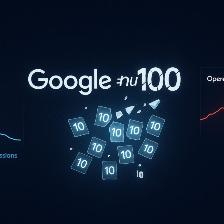 A conceptual image showing the Google &num=100 parameter being blocked, leading to a 10x increase in pagination and a drop in SEO data.
