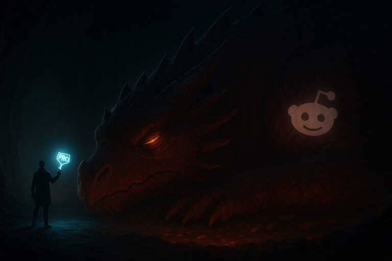 A stylized illustration showing a large, sleeping red dragon with the glowing Reddit logo on its side, beginning to open one eye as a small figure representing a marketer cautiously approaches with a tool.