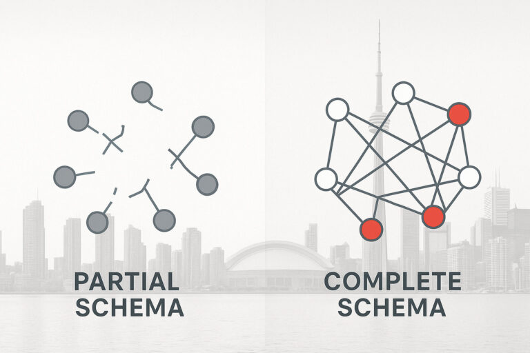 A split image comparing an incomplete website blueprint (partial schema) with a finalized blueprint (complete schema implementation) for Australian SEO.
